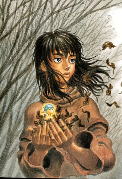 Anime picture 2012x2954 with berserk casca miura kentarou tall image fringe highres short hair black hair looking away parted lips wind lips pointy ears aqua hair dark skin elf glow bare tree girl plant (plants)