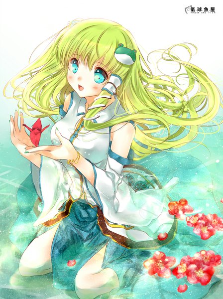 Anime picture 748x1000 with touhou kochiya sanae heco (mama) single long hair tall image blush fringe open mouth blue eyes sitting nail polish green hair wind partially submerged looking down girl hair ornament flower (flowers) detached sleeves