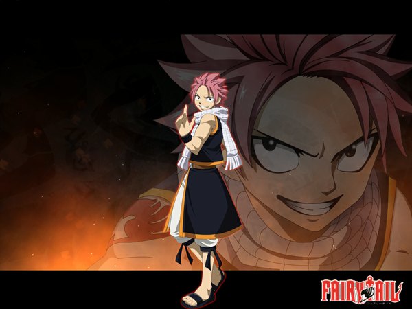 Anime picture 1024x768 with fairy tail natsu dragneel natsudrgonil short hair smile pink hair black eyes inscription tattoo grin coloring muscle zoom layer boy scarf