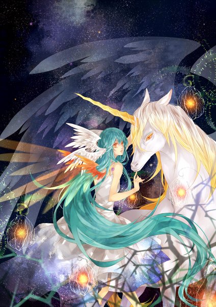 Anime picture 1240x1753 with original usarika long hair tall image bare shoulders very long hair barefoot horn (horns) aqua hair night orange eyes angel wings head wings girl dress animal wings white dress star (stars) sundress