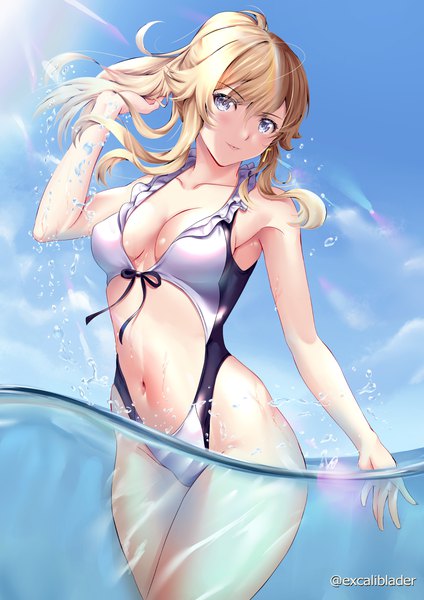 Anime picture 1052x1488 with genshin impact jean gunnhildr excaliblader single long hair tall image looking at viewer fringe breasts blue eyes light erotic blonde hair hair between eyes standing signed payot sky outdoors ponytail head tilt