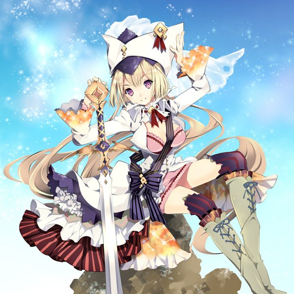 Anime picture 1000x1000 with matoki misa single looking at viewer fringe blonde hair smile sitting purple eyes holding sky cleavage bent knee (knees) very long hair arm up wind shiny adjusting clothes lace-up boots girl thighhighs