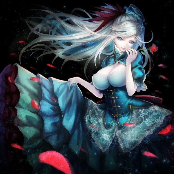 Anime picture 1205x1205 with original ryuuzaki ichi single long hair looking at viewer blush breasts blue eyes simple background smile large breasts cleavage white hair floating hair black background dark background weightlessness girl dress flower (flowers)