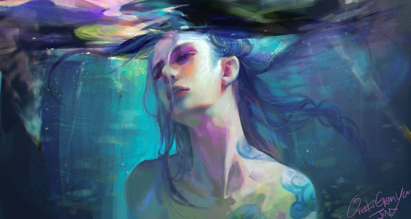 Anime picture 1681x900 with league of legends jinx (league of legends) oreki genya single long hair red eyes wide image signed blue hair looking away parted lips realistic tattoo character names lipstick underwater red lipstick girl