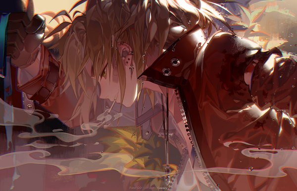 Anime picture 1024x661 with fate (series) fate/grand order fate/apocrypha mordred (fate) kawacy single long hair fringe blonde hair holding green eyes signed payot profile open jacket copyright name piercing mouth hold looking down ear piercing