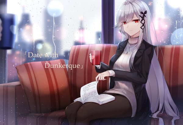 Anime picture 2200x1507 with azur lane dunkerque (azur lane) eternity (shadeh) single long hair looking at viewer fringe highres smile hair between eyes red eyes sitting holding silver hair indoors light smile open jacket alternate costume character names text