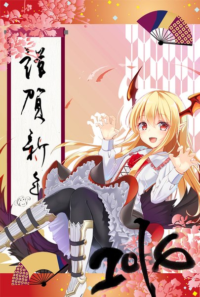 Anime picture 788x1166 with shingeki no bahamut granblue fantasy vampy mirea single long hair tall image looking at viewer blush fringe open mouth blonde hair smile hair between eyes red eyes payot bent knee (knees) lying long sleeves :d
