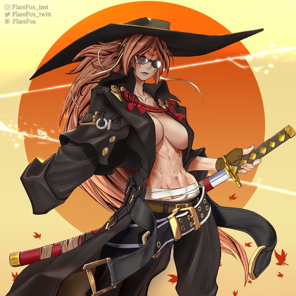 Anime picture 1920x1920 with guilty gear baiken flarefox single long hair looking at viewer fringe highres breasts light erotic brown hair large breasts standing brown eyes signed tattoo twitter username muscle face paint abs