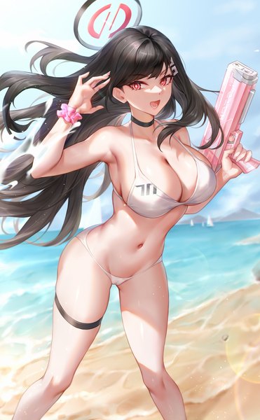 Anime picture 2903x4700 with blue archive rio (blue archive) hua-j single long hair tall image looking at viewer fringe highres breasts open mouth light erotic black hair smile red eyes large breasts standing holding sky cleavage