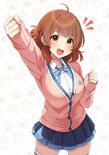 Anime picture 707x1000 with idolmaster gakuen idolmaster hanami ume sakura ran single tall image blush short hair open mouth brown hair standing brown eyes ahoge long sleeves :d pleated skirt arm up from above sleeves past wrists girl
