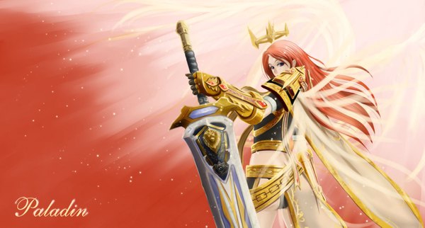 Anime picture 1600x861 with world of warcraft blizzard entertainment paladin (warcraft) seiryu zaiten single long hair looking at viewer light erotic wide image purple eyes orange hair girl weapon sword wings armor