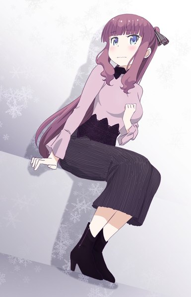Anime picture 1315x2048 with new game! doga kobo takimoto hifumi pink x single long hair tall image looking at viewer fringe blue eyes sitting payot purple hair full body ponytail blunt bangs long sleeves arm support high heels dutch angle