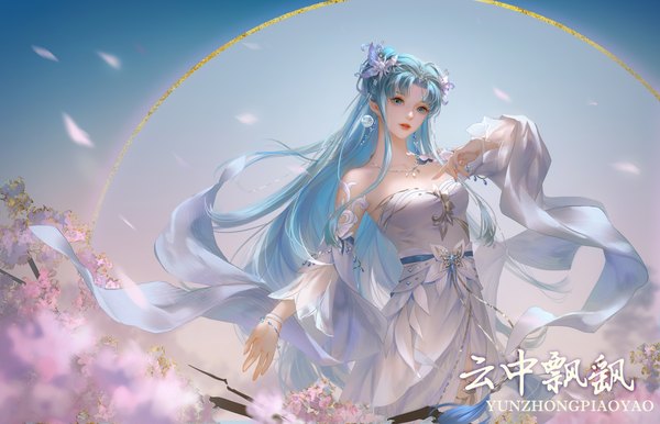 Anime picture 3692x2376 with douluo continent tang wutong (douluo dalu) niannian nuli zhong single looking at viewer fringe highres blue eyes standing bare shoulders signed payot blue hair absurdres outdoors very long hair head tilt hair flower wide sleeves copyright name