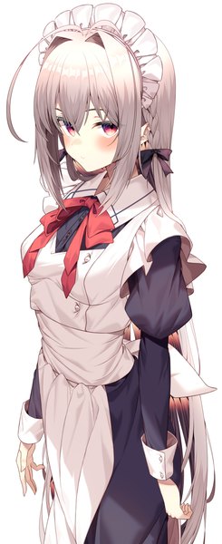 Anime picture 1841x4500 with original jun (aousa0328) single tall image looking at viewer blush fringe highres breasts simple background hair between eyes red eyes standing white background silver hair ahoge braid (braids) very long hair maid puffy sleeves