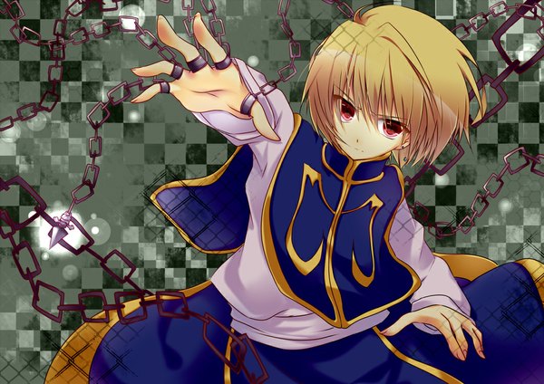 Anime picture 1062x752 with hunter x hunter kurapica single looking at viewer short hair blonde hair red eyes checkered background boy earrings chain