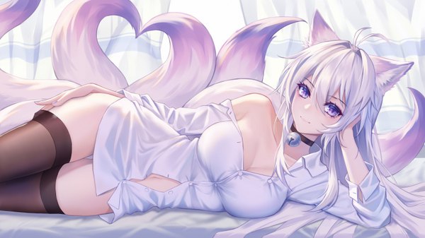 Anime picture 5760x3240 with original kirby d a single long hair looking at viewer fringe highres breasts light erotic smile hair between eyes wide image large breasts purple eyes animal ears payot absurdres cleavage silver hair ahoge