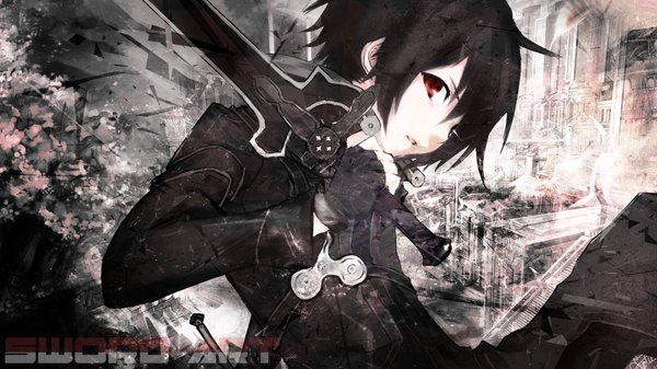 Anime picture 1920x1080 with sword art online a-1 pictures kirigaya kazuto single highres short hair black hair wide image boy weapon sword fingerless gloves