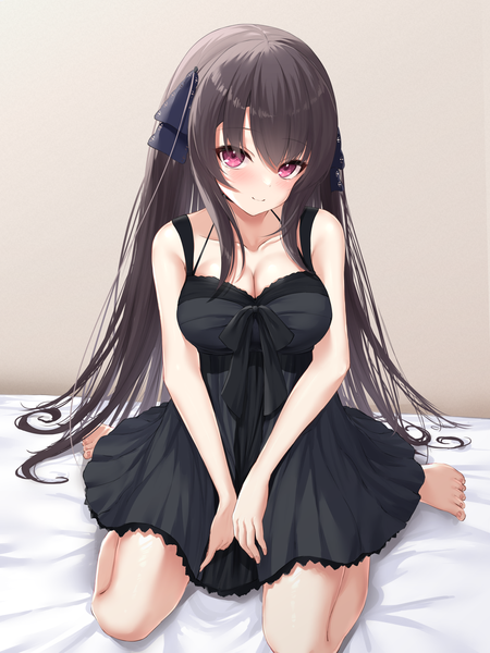 Anime picture 1500x2000 with ao no kanata no four rhythm sprite (company) tobisawa misaki ncontrail (mgax7527) single long hair tall image looking at viewer blush fringe breasts black hair hair between eyes sitting cleavage full body indoors head tilt pink eyes barefoot
