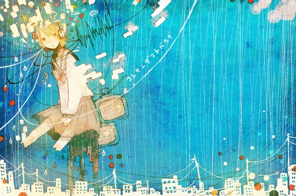 Anime picture 1024x680 with original menruiko single short hair sitting city rain girl uniform school uniform headphones wire (wires) letter television