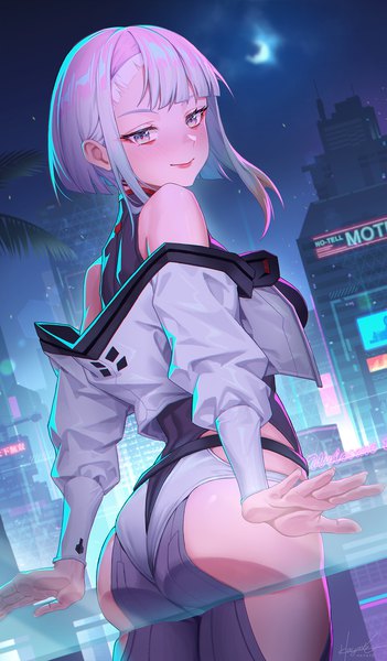 Anime-Bild 1343x2294 mit cyberpunk edgerunners studio trigger lucy (cyberpunk) hayate (leaf98k) single tall image looking at viewer blush fringe short hair light erotic smile purple eyes bare shoulders signed outdoors ass white hair blunt bangs looking back