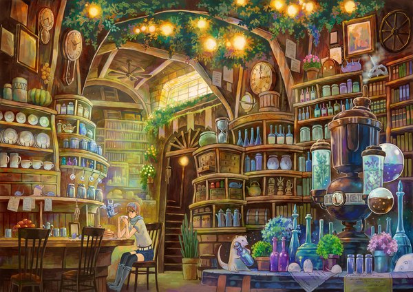 Anime picture 2500x1768 with original kemi neko single highres short hair brown hair sitting indoors magic fantasy steam drinking girl thighhighs black thighhighs plant (plants) animal wings shorts window