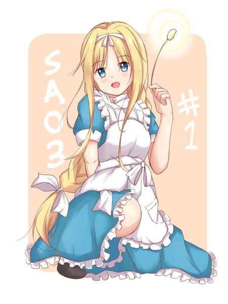 Anime picture 1200x1600 with sword art online sword art online: alicization a-1 pictures alice zuberg kanti15 single long hair tall image looking at viewer blush fringe open mouth blue eyes simple background blonde hair smile holding full body bent knee (knees) maid
