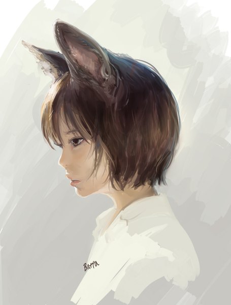 Anime picture 1026x1354 with original batta (kanzume quality) single tall image fringe short hair brown hair brown eyes signed animal ears parted lips profile grey background wolf ears wolf girl girl shirt white shirt