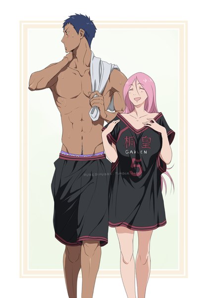 Anime picture 865x1231 with kuroko no basket production i.g aomine daiki momoi satsuki hubedihubbe long hair tall image short hair open mouth standing bare shoulders blue hair looking away pink hair eyes closed bare belly bare legs embarrassed arm behind head laughing