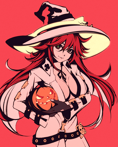 Anime picture 864x1080 with guilty gear guilty gear xrd jack-o (guilty gear) moshimoshibe single long hair tall image looking at viewer fringe breasts light erotic simple background hair between eyes large breasts standing green eyes cleavage red hair halloween red background