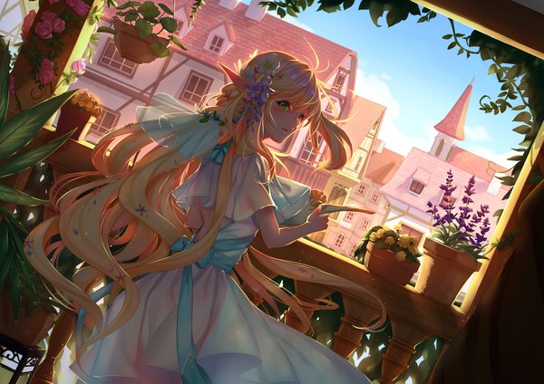 Anime picture 3507x2480 with original pixiv fantasia pixiv fantasia last saga wei yudu rou single long hair looking at viewer blush fringe highres open mouth blonde hair hair between eyes standing holding green eyes absurdres sky hair flower pointy ears