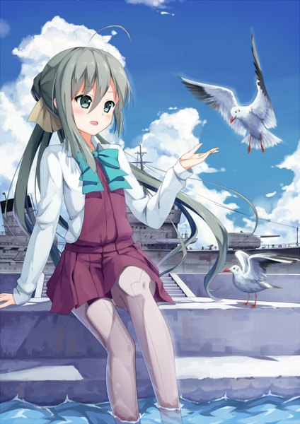 Anime picture 1000x1414 with kantai collection kiyoshimo destroyer hagi (ame hagi) long hair tall image blush fringe open mouth standing sitting looking away sky cloud (clouds) aqua eyes grey hair sunlight outstretched arm girl dress bow