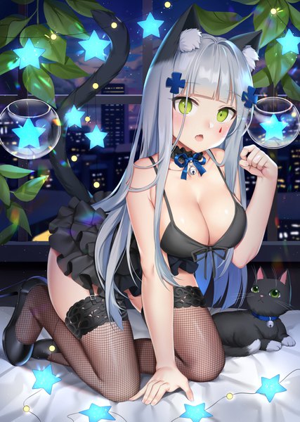 Anime picture 711x1000 with girls frontline hk416 (girls frontline) douya (233) single long hair tall image looking at viewer blush fringe breasts open mouth light erotic large breasts bare shoulders green eyes animal ears cleavage silver hair cloud (clouds) full body
