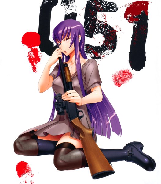 Anime picture 4340x4936 with highschool of the dead madhouse busujima saeko satou shouji long hair tall image blush highres blue eyes absurdres purple hair one eye closed wink scan girl thighhighs weapon black thighhighs boots gun