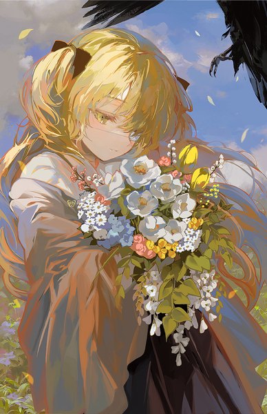Anime picture 666x1029 with genshin impact fischl (genshin impact) oz (genshin impact) pla4neta single long hair tall image fringe blonde hair yellow eyes sky cloud (clouds) outdoors hair over one eye two side up looking down girl flower (flowers) bow hair bow