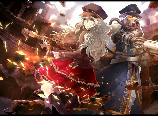 Anime picture 1100x807 with original nishikawa (fe) long hair short hair blue eyes silver hair wavy hair girl boy weapon boots gun peaked cap stone (stones) gas mask