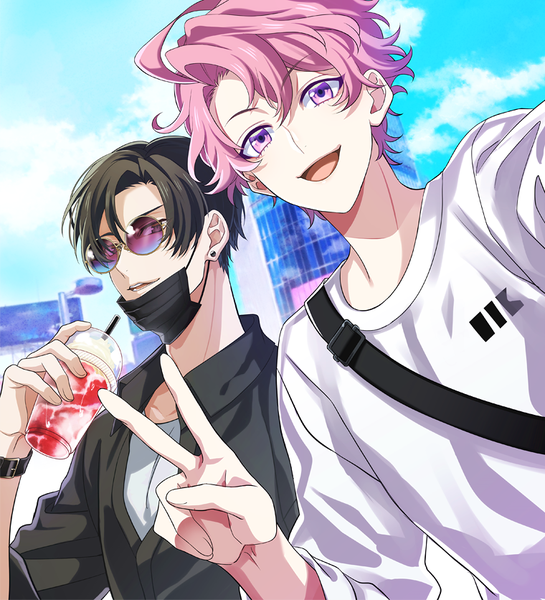 Anime picture 760x836 with original kitamiya mt tall image looking at viewer fringe short hair open mouth black hair smile hair between eyes purple eyes holding brown eyes pink hair sky cloud (clouds) upper body outdoors :d multiple boys