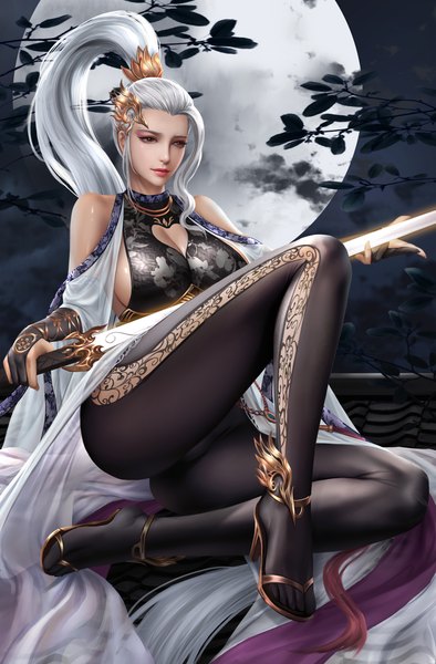 Anime picture 3000x4573 with dungeon and fighter goatwillow single tall image highres breasts light erotic red eyes large breasts sitting bare shoulders holding payot looking away cleavage silver hair cloud (clouds) full body bent knee (knees) ponytail