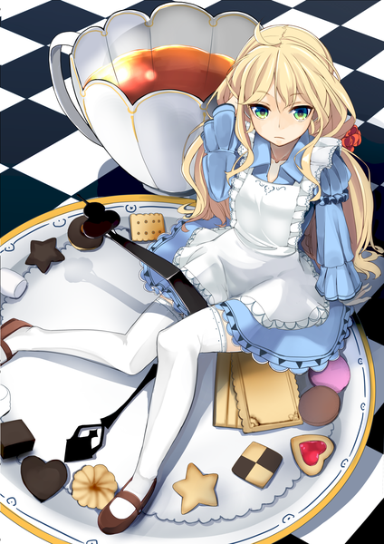 Anime picture 1191x1684 with alice in wonderland alice (wonderland) baicha single long hair tall image looking at viewer fringe blonde hair sitting green eyes bent knee (knees) from above adjusting hair open collar checkered floor floor girl thighhighs dress