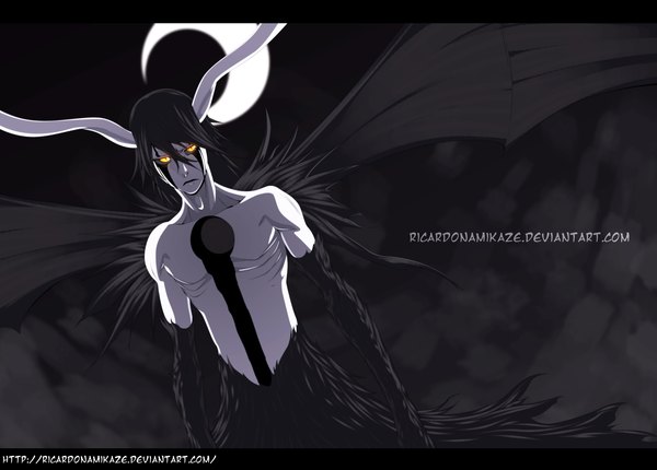 Anime picture 4000x2871 with bleach studio pierrot ulquiorra schiffer ricardonamikaze single long hair highres black hair yellow eyes absurdres horn (horns) coloring facial mark muscle bat wings crescent espada boy moon