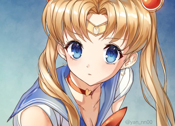 Anime picture 1200x866 with bishoujo senshi sailor moon toei animation tsukino usagi sailor moon meliyannn single long hair blue eyes simple background blonde hair twintails signed looking away from above twitter username gradient background sailor collar meme screencap redraw sailor moon redraw challenge
