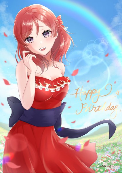 Anime picture 2894x4093 with love live! school idol project sunrise (studio) love live! nishikino maki murur (matsumikoru) single tall image looking at viewer blush highres short hair breasts open mouth smile standing purple eyes bare shoulders signed sky outdoors