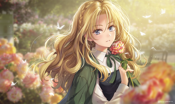 Anime picture 1000x596 with original hagiwara rin single long hair looking at viewer blue eyes blonde hair wide image holding signed upper body outdoors braid (braids) twitter username clothes on shoulders crown braid girl flower (flowers) insect butterfly