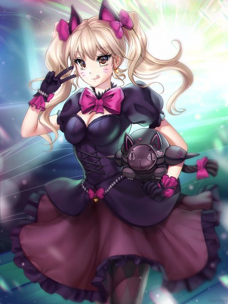Anime picture 750x1000 with overwatch blizzard entertainment d.va (overwatch) black cat d.va gigamessy single long hair tall image looking at viewer blush fringe breasts blonde hair hair between eyes standing twintails holding brown eyes signed animal ears