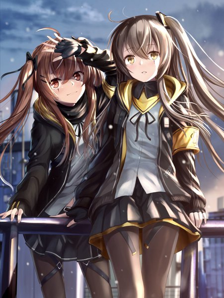 Anime picture 901x1198 with girls frontline ump45 (girls frontline) ump9 (girls frontline) akabane hibame long hair tall image looking at viewer blush fringe hair between eyes brown hair standing twintails multiple girls brown eyes yellow eyes payot sky cloud (clouds) ahoge