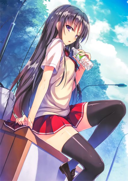 Anime-Bild 4782x6749 mit youkoso jitsuryoku shijou shugi no kyoushitsu e horikita suzune tomose shunsaku single long hair tall image looking at viewer fringe highres black hair purple eyes holding absurdres sky cloud (clouds) bent knee (knees) outdoors pleated skirt arm up arm support