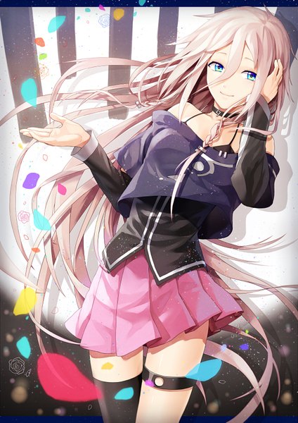 Anime picture 2480x3513 with vocaloid ia (vocaloid) p.rupon single long hair tall image looking at viewer highres blue eyes blonde hair smile bare shoulders braid (braids) twin braids girl thighhighs skirt petals single thighhigh pink skirt
