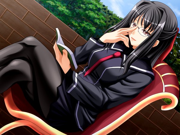 Anime picture 1371x1029 with original yuunagi kanade long hair black hair red eyes sitting girl glasses book (books)