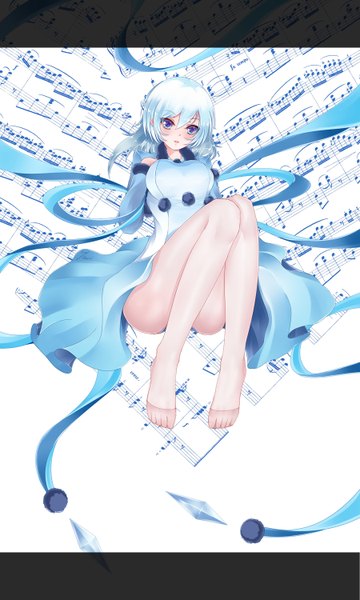 Anime picture 900x1500 with original dusk/dawn single long hair tall image blue eyes white background white hair barefoot bare legs legs girl dress ribbon (ribbons) musical note