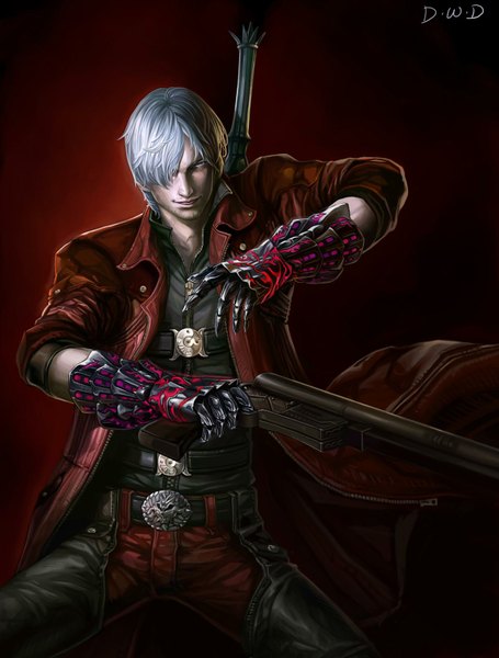 Anime picture 1240x1633 with devil may cry dante (devil may cry) dantewontdie single tall image fringe short hair blue eyes simple background silver hair hair over one eye realistic dark background bristle boy gloves weapon sword jacket belt