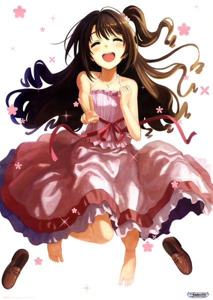 Anime picture 3640x5115 with idolmaster idolmaster cinderella girls shimamura uzuki single long hair tall image blush highres open mouth black hair simple background white background absurdres eyes closed scan one side up victory girl